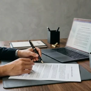 Mãos de um profissional sobre um contrato e documentos jurídicos em uma mesa de escritório elegante com luz natural.