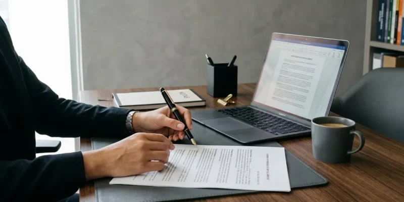 Mãos de um profissional sobre um contrato e documentos jurídicos em uma mesa de escritório elegante com luz natural.
