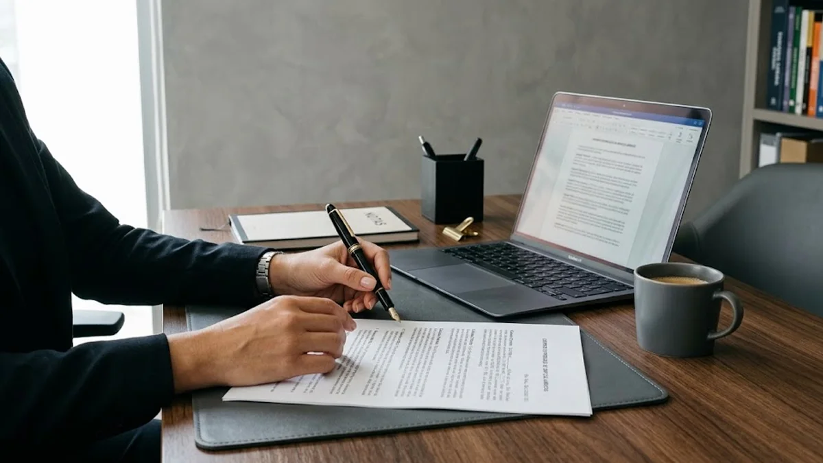 Mãos de um profissional sobre um contrato e documentos jurídicos em uma mesa de escritório elegante com luz natural.