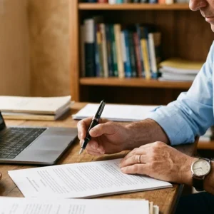 Close-up das mãos de um profissional analisando documentos jurídicos sobre uma mesa de madeira organizada.