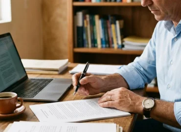 Close-up das mãos de um profissional analisando documentos jurídicos sobre uma mesa de madeira organizada.