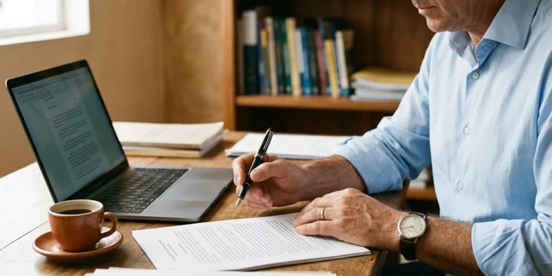 Close-up das mãos de um profissional analisando documentos jurídicos sobre uma mesa de madeira organizada.