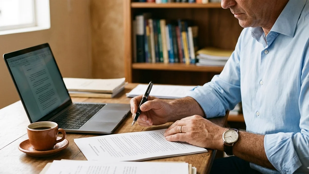 Close-up das mãos de um profissional analisando documentos jurídicos sobre uma mesa de madeira organizada.