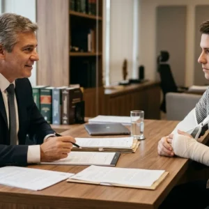 Advogado em escritório de advocacia explicando documentos sobre acidente de trabalho para um cliente de forma consultiva.