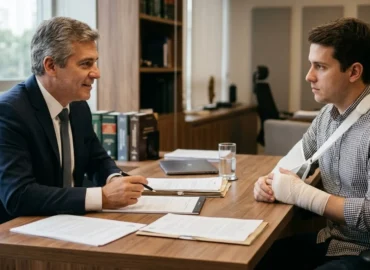 Advogado em escritório de advocacia explicando documentos sobre acidente de trabalho para um cliente de forma consultiva.