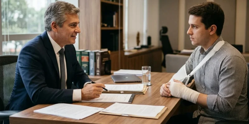 Advogado em escritório de advocacia explicando documentos sobre acidente de trabalho para um cliente de forma consultiva.