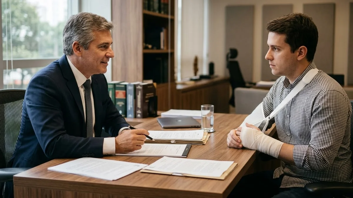 Advogado em escritório de advocacia explicando documentos sobre acidente de trabalho para um cliente de forma consultiva.
