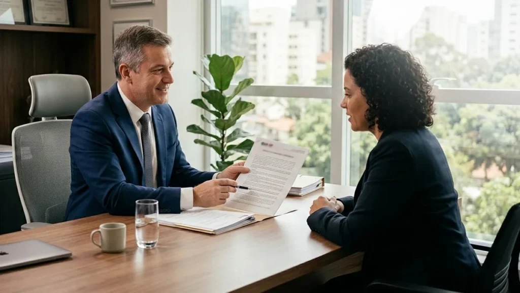 Advogado sênior em escritório em São Paulo conversando de forma consultiva com um cliente sobre segurança de dados.
