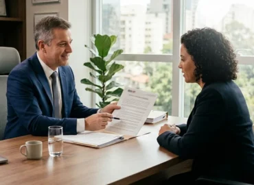 Advogado sênior em escritório em São Paulo conversando de forma consultiva com um cliente sobre segurança de dados.