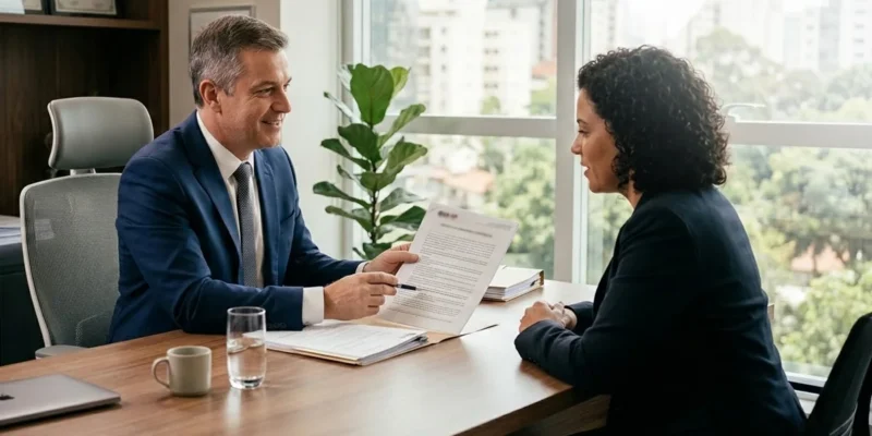 Advogado sênior em escritório em São Paulo conversando de forma consultiva com um cliente sobre segurança de dados.