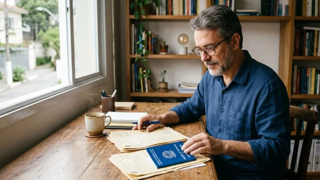 Homem de meia-idade em escritório analisando documentos antigos e carteira de trabalho para pedir aposentadoria ao INSS.