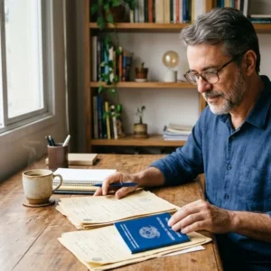 Homem de meia-idade em escritório analisando documentos antigos e carteira de trabalho para pedir aposentadoria ao INSS.
