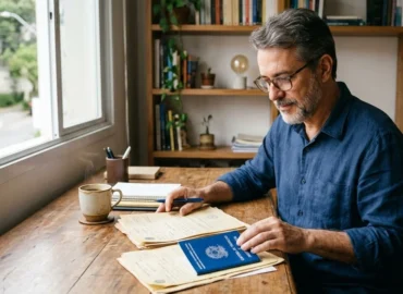 Homem de meia-idade em escritório analisando documentos antigos e carteira de trabalho para pedir aposentadoria ao INSS.