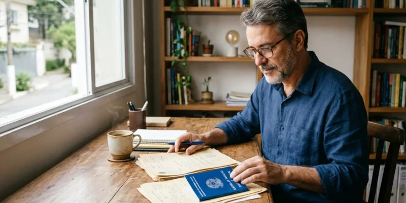 Homem de meia-idade em escritório analisando documentos antigos e carteira de trabalho para pedir aposentadoria ao INSS.