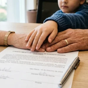 Close-up de mãos de adultos e criança sobre documentos de adoção unilateral em uma mesa de escritório em São Paulo.