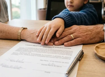 Close-up de mãos de adultos e criança sobre documentos de adoção unilateral em uma mesa de escritório em São Paulo.