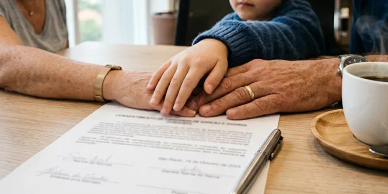 Close-up de mãos de adultos e criança sobre documentos de adoção unilateral em uma mesa de escritório em São Paulo.