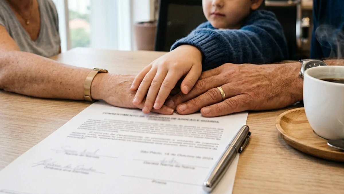 Close-up de mãos de adultos e criança sobre documentos de adoção unilateral em uma mesa de escritório em São Paulo.