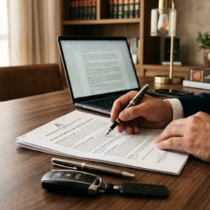 Advogado em escritório consultivo analisando documentos e contrato de compra e venda de veículo usado.