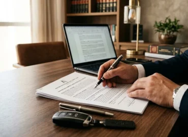 Advogado em escritório consultivo analisando documentos e contrato de compra e venda de veículo usado.