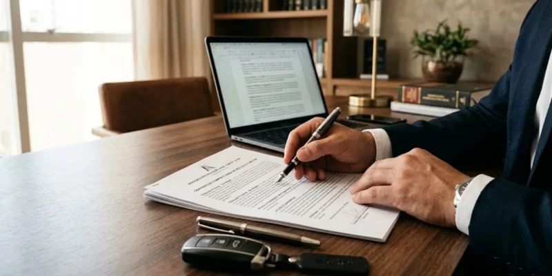 Advogado em escritório consultivo analisando documentos e contrato de compra e venda de veículo usado.
