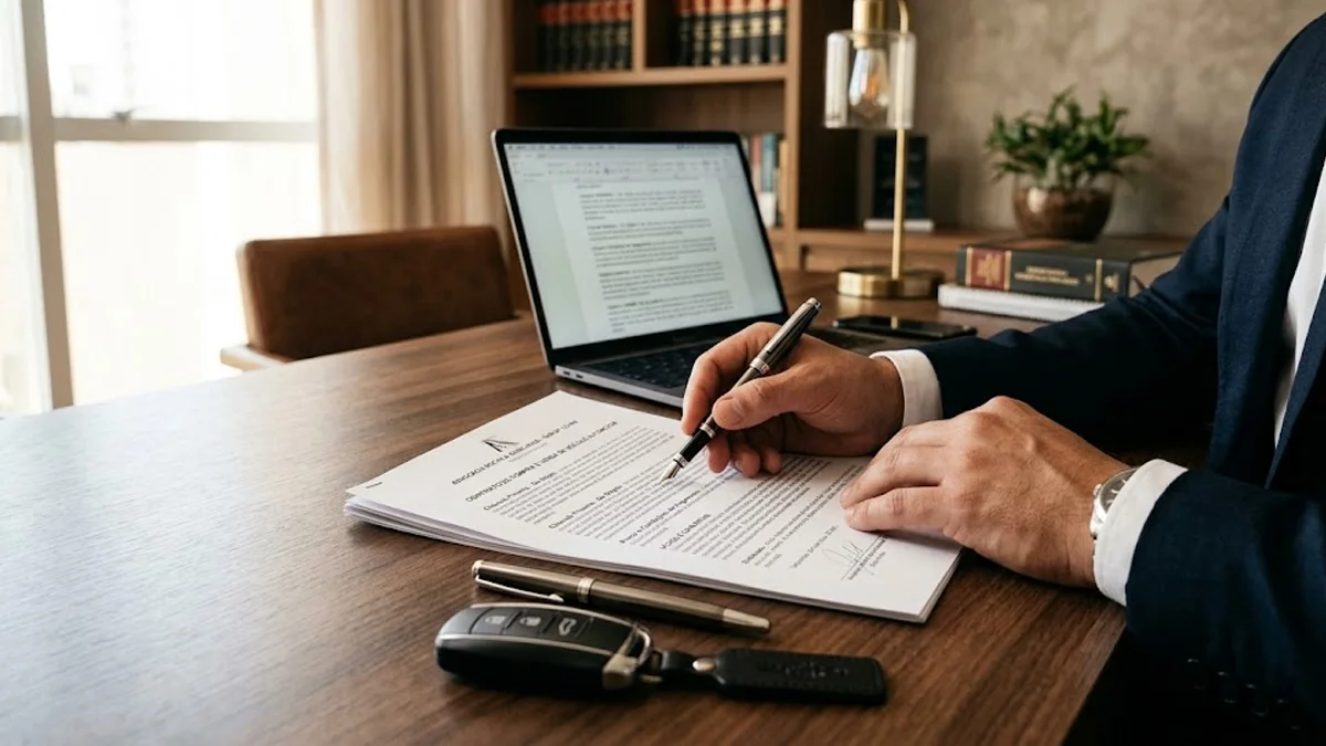 Advogado em escritório consultivo analisando documentos e contrato de compra e venda de veículo usado.