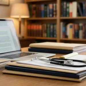 Advogado em escritório analisando documentos previdenciários e PPP de um profissional da saúde para aposentadoria especial.