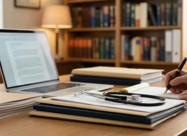 Advogado em escritório analisando documentos previdenciários e PPP de um profissional da saúde para aposentadoria especial.