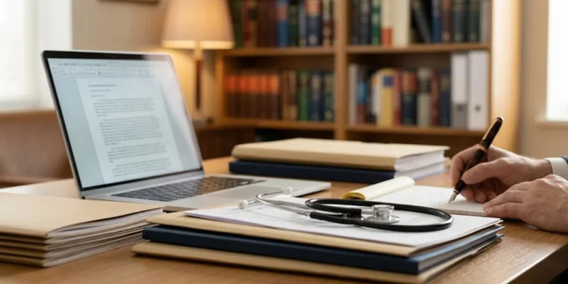 Advogado em escritório analisando documentos previdenciários e PPP de um profissional da saúde para aposentadoria especial.