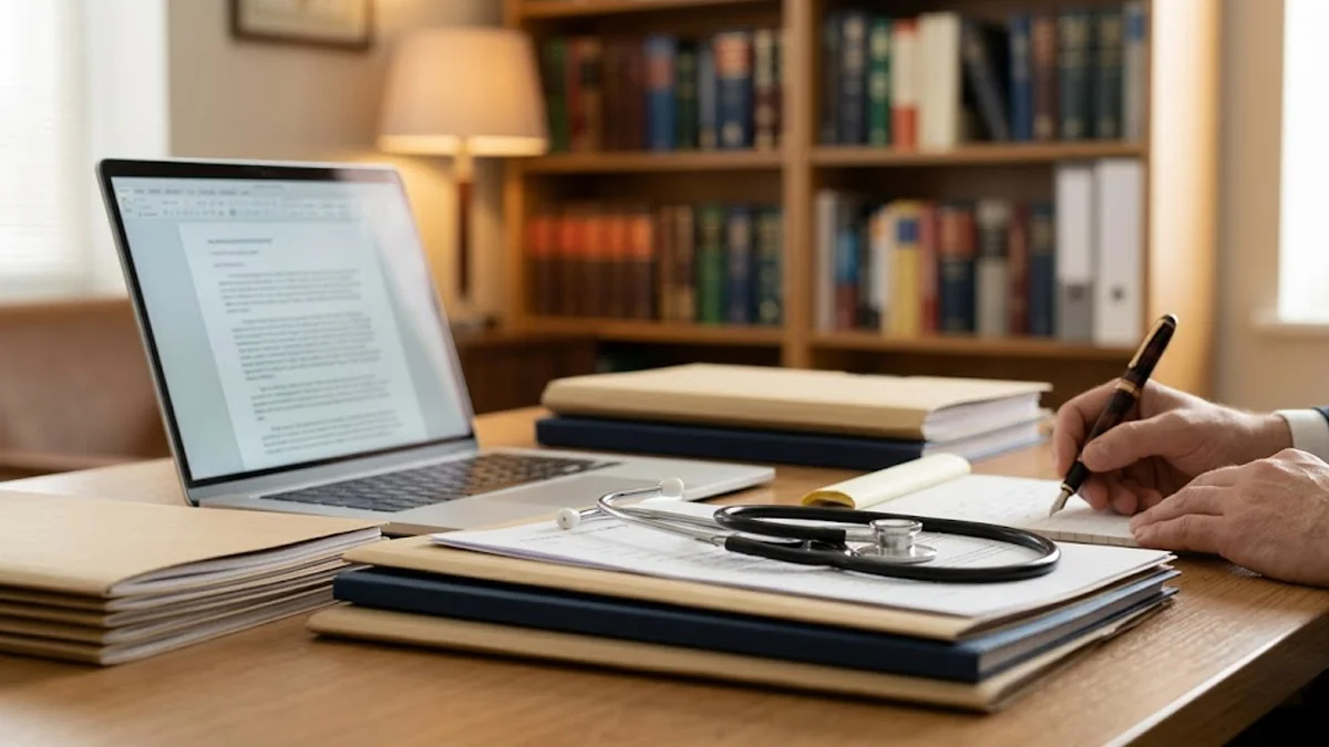 Advogado em escritório analisando documentos previdenciários e PPP de um profissional da saúde para aposentadoria especial.