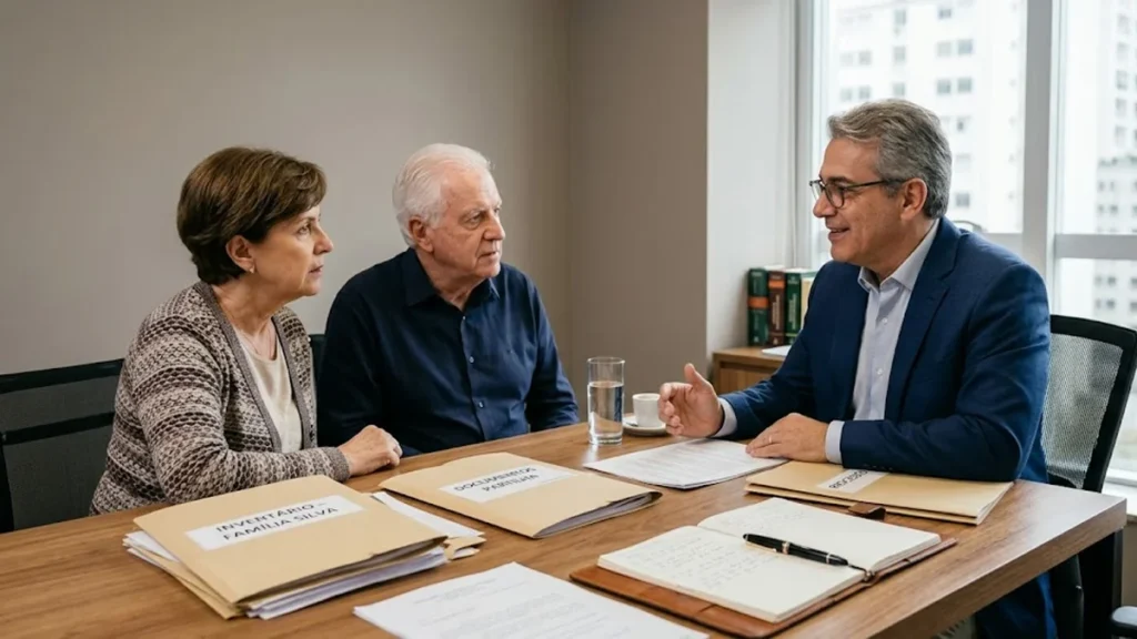 Advogado em reunião consultiva com cliente discutindo documentos de partilha de bens em escritório sóbrio.