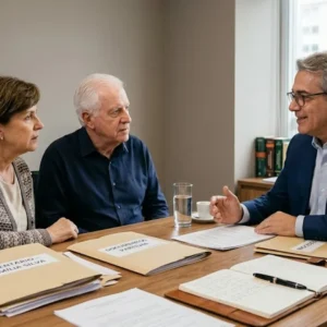 Advogado em reunião consultiva com cliente discutindo documentos de partilha de bens em escritório sóbrio.