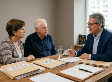Advogado em reunião consultiva com cliente discutindo documentos de partilha de bens em escritório sóbrio.