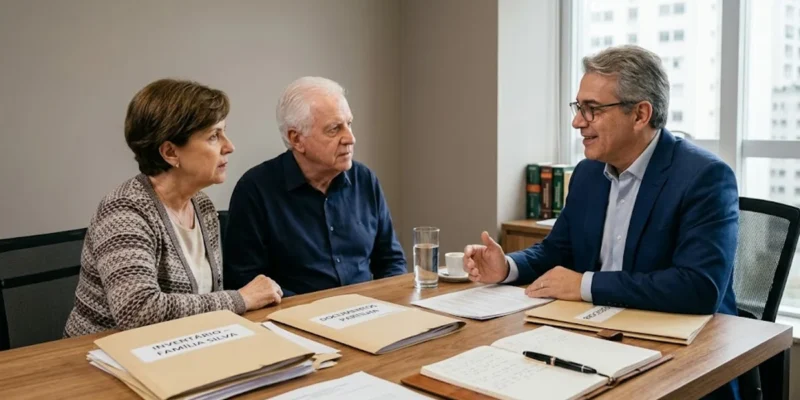 Advogado em reunião consultiva com cliente discutindo documentos de partilha de bens em escritório sóbrio.