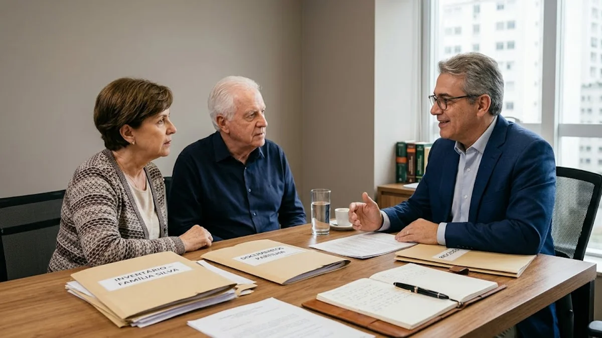 Advogado em reunião consultiva com cliente discutindo documentos de partilha de bens em escritório sóbrio.