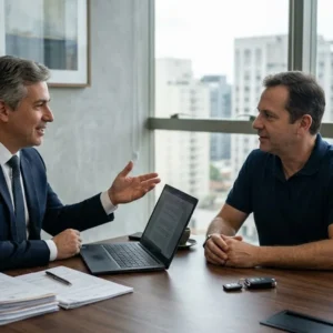 Advogado em escritório sóbrio explicando direitos do consumidor sobre veículos com defeito para um cliente.