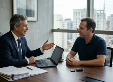 Advogado em escritório sóbrio explicando direitos do consumidor sobre veículos com defeito para um cliente.
