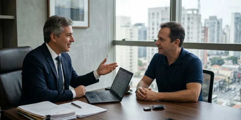 Advogado em escritório sóbrio explicando direitos do consumidor sobre veículos com defeito para um cliente.