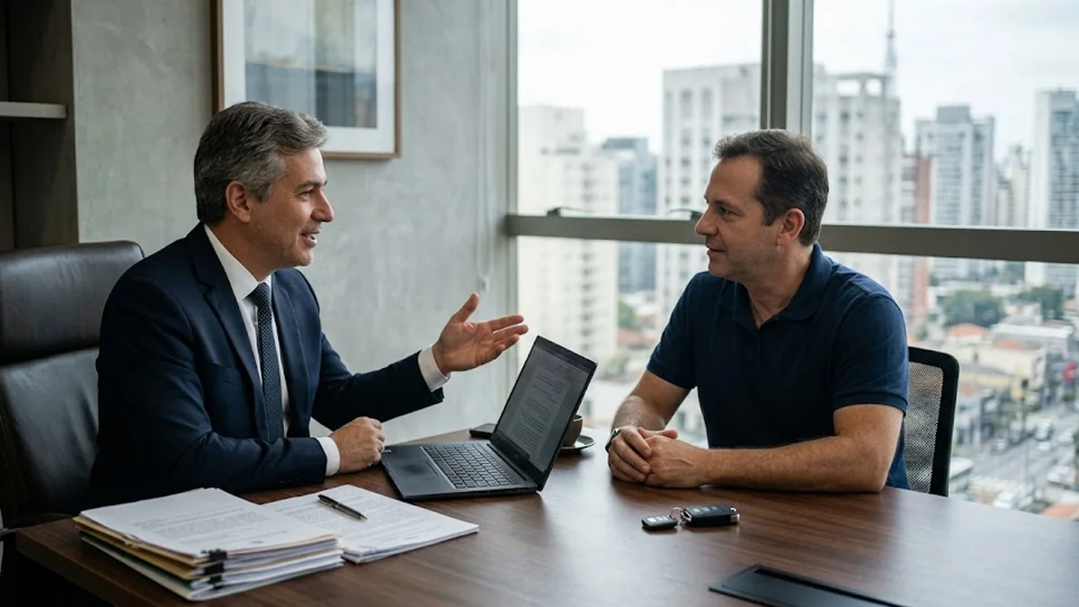 Advogado em escritório sóbrio explicando direitos do consumidor sobre veículos com defeito para um cliente.