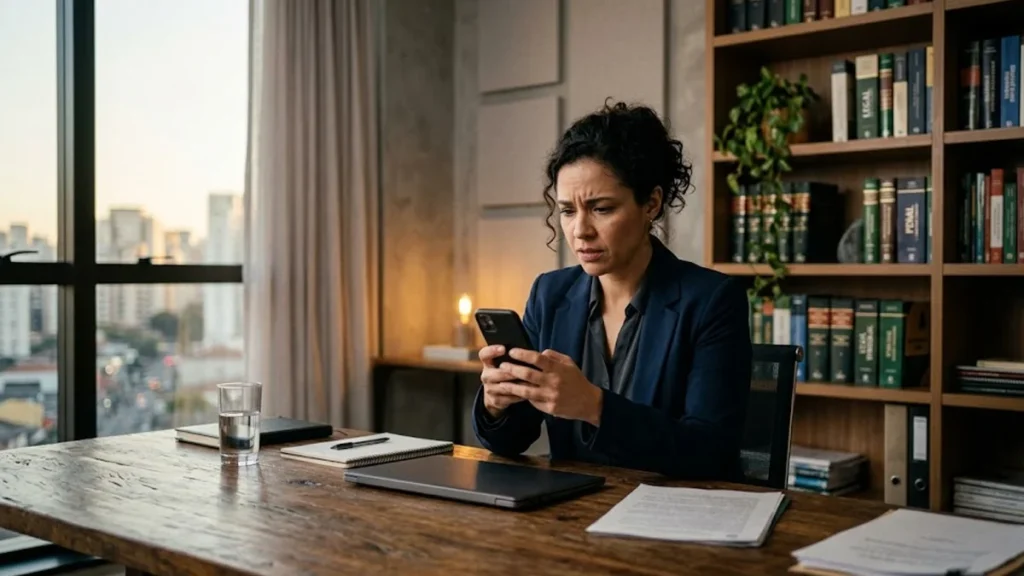 Pessoa em escritório consultando celular com expressão de preocupação, representando usuário com Instagram hackeado.