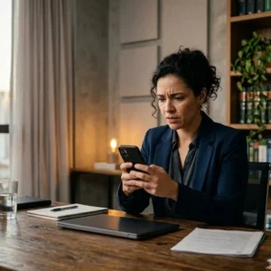 Pessoa em escritório consultando celular com expressão de preocupação, representando usuário com Instagram hackeado.