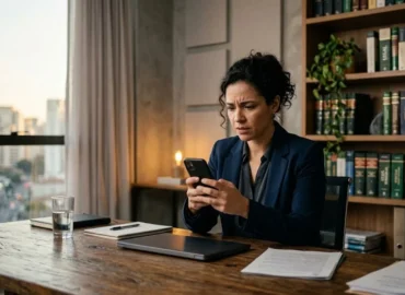 Pessoa em escritório consultando celular com expressão de preocupação, representando usuário com Instagram hackeado.