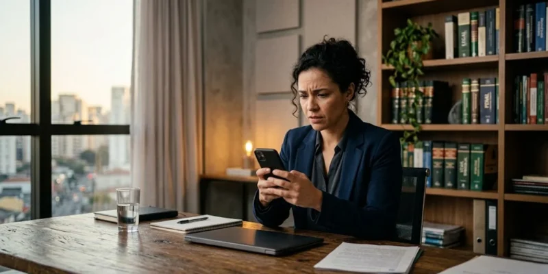 Pessoa em escritório consultando celular com expressão de preocupação, representando usuário com Instagram hackeado.