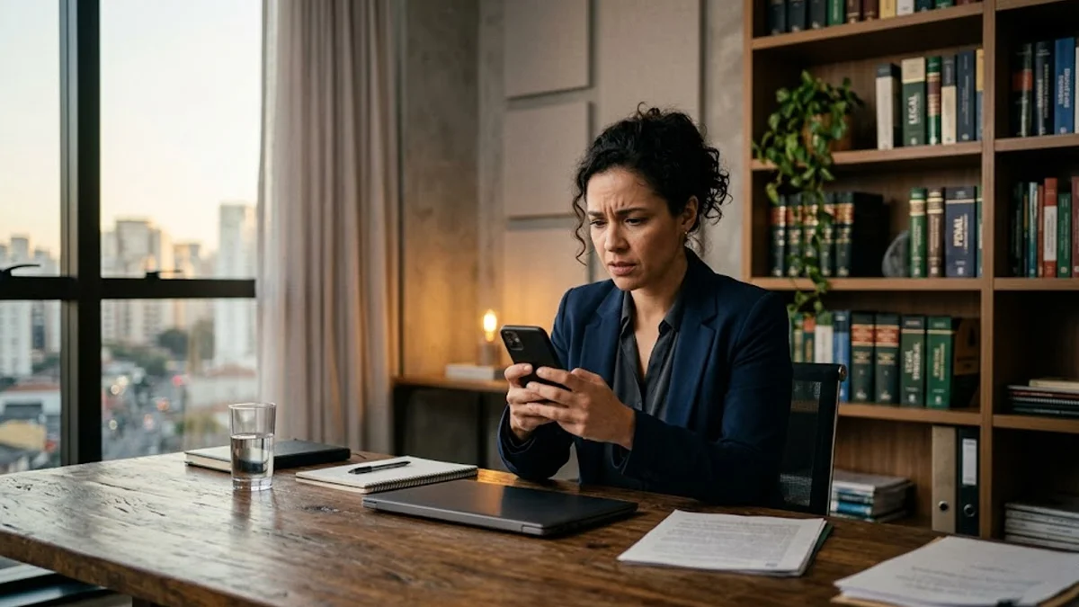 Pessoa em escritório consultando celular com expressão de preocupação, representando usuário com Instagram hackeado.