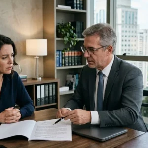 Advogado em ambiente de escritório conversa seriamente com uma cliente sobre execução de alimentos e direitos do menor.