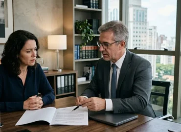 Advogado em ambiente de escritório conversa seriamente com uma cliente sobre execução de alimentos e direitos do menor.