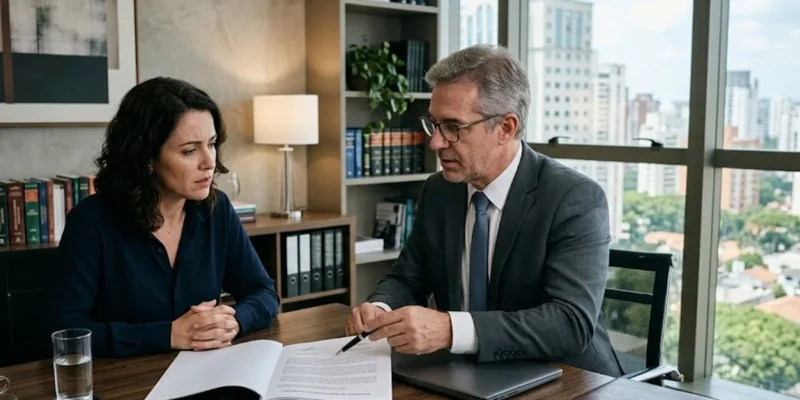 Advogado em ambiente de escritório conversa seriamente com uma cliente sobre execução de alimentos e direitos do menor.