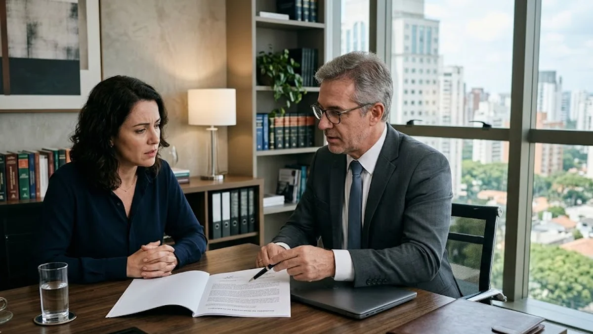 Advogado em ambiente de escritório conversa seriamente com uma cliente sobre execução de alimentos e direitos do menor.