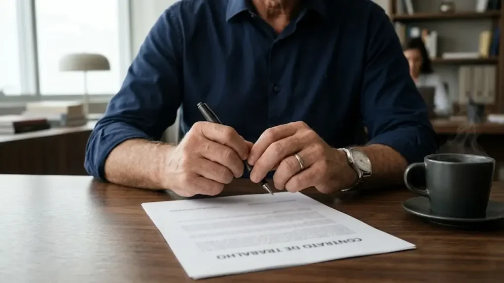 Close-up de mãos segurando caneta sobre contrato trabalhista em mesa de madeira, simbolizando análise de acordo.