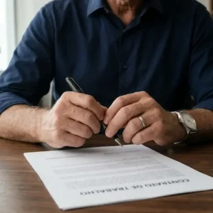 Close-up de mãos segurando caneta sobre contrato trabalhista em mesa de madeira, simbolizando análise de acordo.